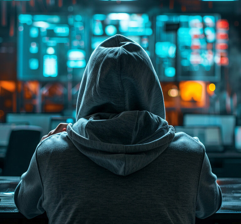 Pessoa sentada de costas, em um ambiente tecnológico em frente às telas de computadores.